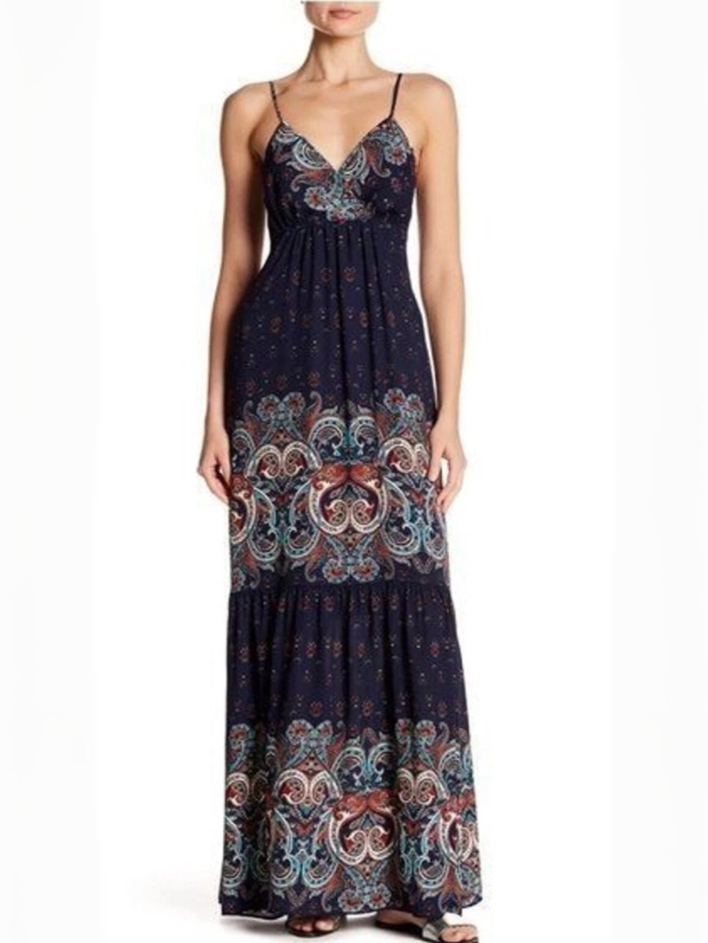 Navy Floral Paisley Medallion Smocked Maxi Dress